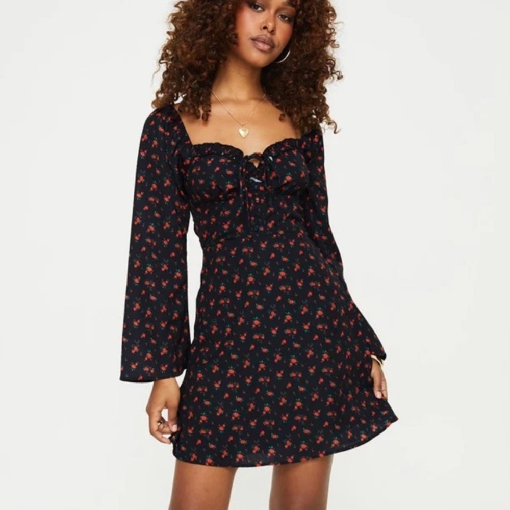 Princess Polly Love Birds Long Sleeve Lined Mini Dress Black w/ Red Floral